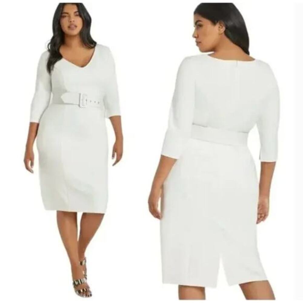 New! Eloquii Classic White V-Neck 3/4 Length Sleeve Sheath Dress belted, size 28
